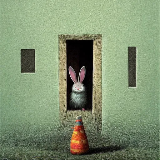 Image similar to cute rabbit hides behind the door by gediminas pranckevicius