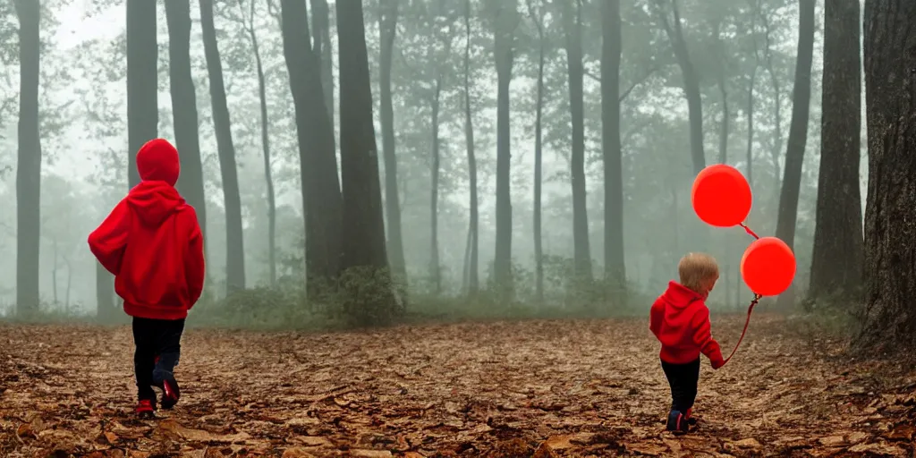 Prompt: little boy with red sweatshirt walking in a dark path in the woods with fog building up and a glowing red balloon in the background