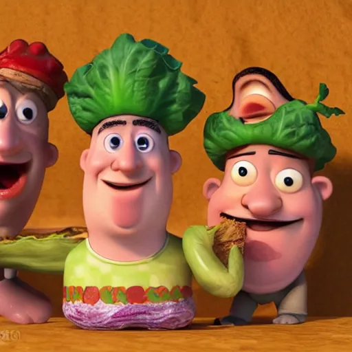 Image similar to cabbage characters with pizza peel, royal walruss king wearing a crown, cooking pizza in a wood fired oven, highly detailed 3 d render, funny, pixar