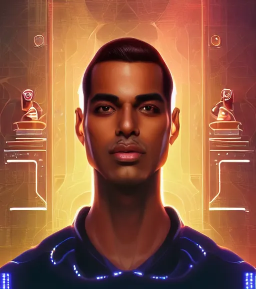 Image similar to symmetry!! egyptian prince of technology, solid cube of light, hard edges, product render retro - futuristic poster scifi, lasers and neon circuits, brown skin man egyptian prince, intricate, elegant, highly detailed, digital painting, artstation, concept art, smooth, sharp focus, illustration, dreamlike, art by artgerm