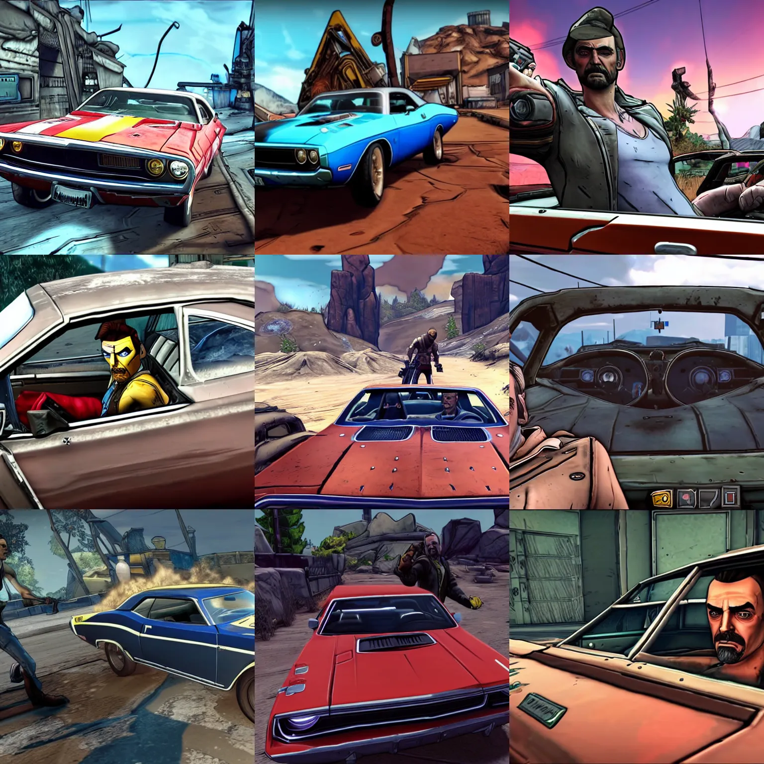 Prompt: ps 4 borderlands screenshot of sean connery in the front seat of a 1 9 6 9 dodge challenger