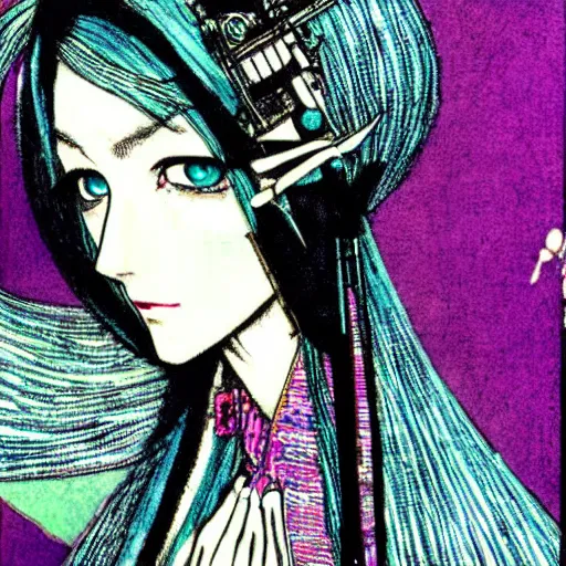 Prompt: hatsune miku, artwork by Harry Clarke, highly detailed