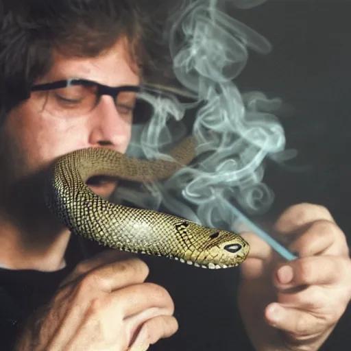 Prompt: photo of snake smoking cigarette