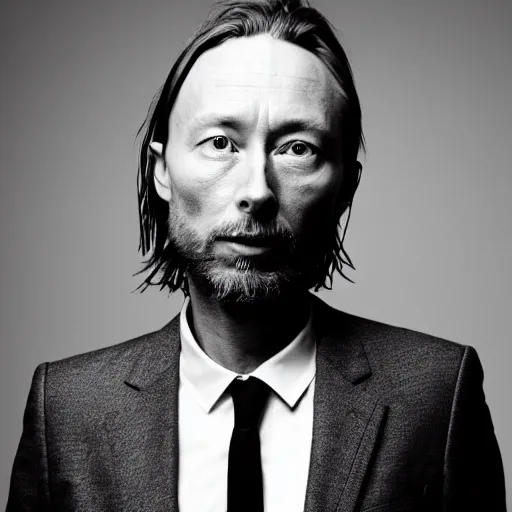 Image similar to a black and white photo of thom yorke in a suit by John E. Berninger, featured on pexels, les nabis, studio portrait, chiaroscuro, ultrafine detail