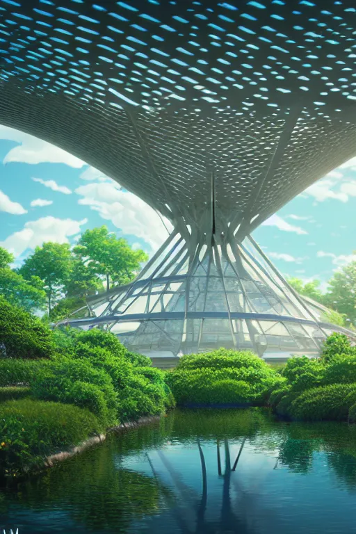 Image similar to expo 6 7 pavillion, solarpunk, studio ghibli, jean - baptiste monge, octane render, 4 k, symmetry