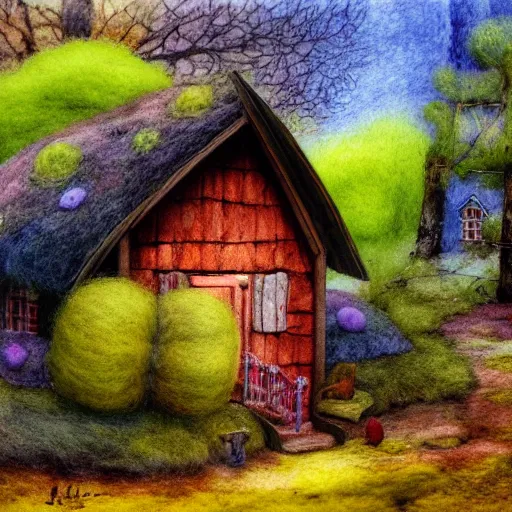 Image similar to small wooden house in the middle of spring forest, bright colours, watercolor, volumetric wool felting, macro photography, children illustration, by michael sowa