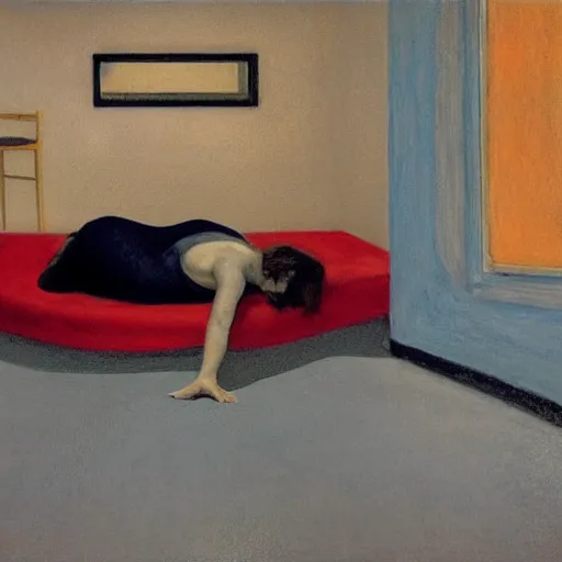 Image similar to a black and red demon lying in a blue and gold haunted liminal abandoned room, film still by edward hopper, by gottfried helnwein, by klimt, art noveau, highly detailed, strong lights, liminal, eerie, bright pastel colors,