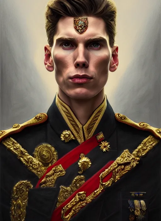 Prompt: portrait of supreme leader jerma, royalty, extravagant, lord, full body, military uniform, fantasy, intricate, elegant, beautiful, highly detailed, charcoal, centered, dark, smokey, digital painting, artstation, concept art, art by artgerm and greg rutkowski and alphonse mucha