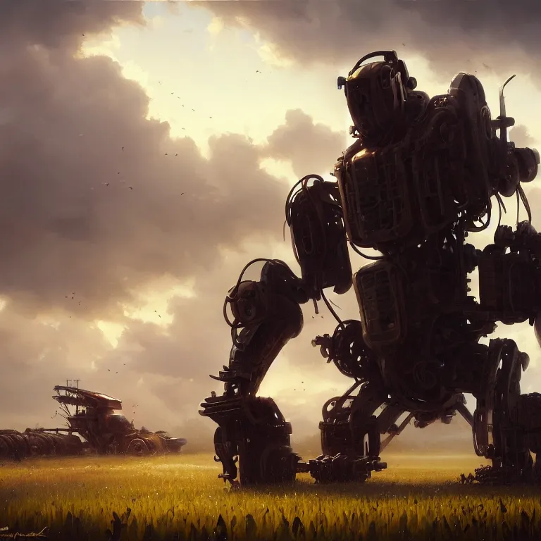 Image similar to greg rutkowski mech in a farmers field