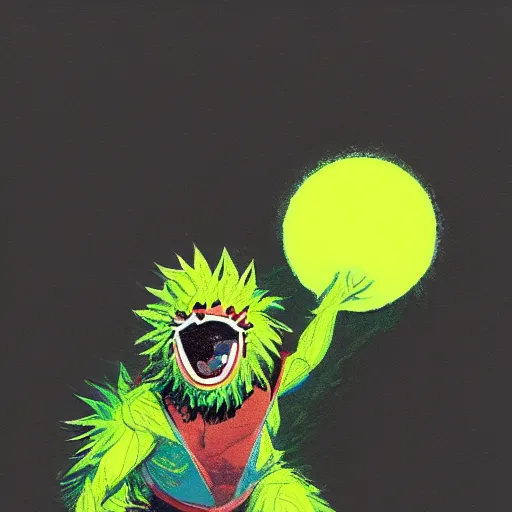 Image similar to a tennis ball monster, tennis ball, dark, chalky, zeus,thor, digital art, fantasy, magic, trending on artstation, ultra detailed, professional illustration by Basil Gogos