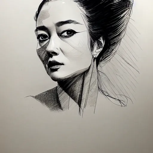 Prompt: ink drawing portrait of a woman in suit byjung gi kim, jenny saville