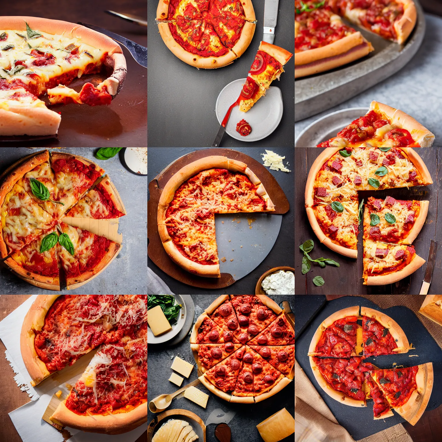 Prompt: wood blocks and staples in a cheesy chicago deep dish pizza, professional food photography