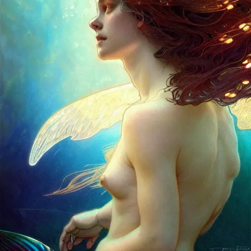 Image similar to Portrait of a girl mermaid with wings underwater surrounded by glowing light rays, face, fantasy, intricate, elegant, highly detailed, digital painting, artstation, concept art, smooth, sharp focus, illustration, art by Krenz Cushart and Artem Demura and alphonse mucha