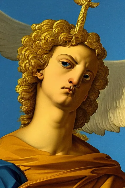 Image similar to archangel Michael, angry face, closeup, ultra detailed, made in gold, Guido Reni style