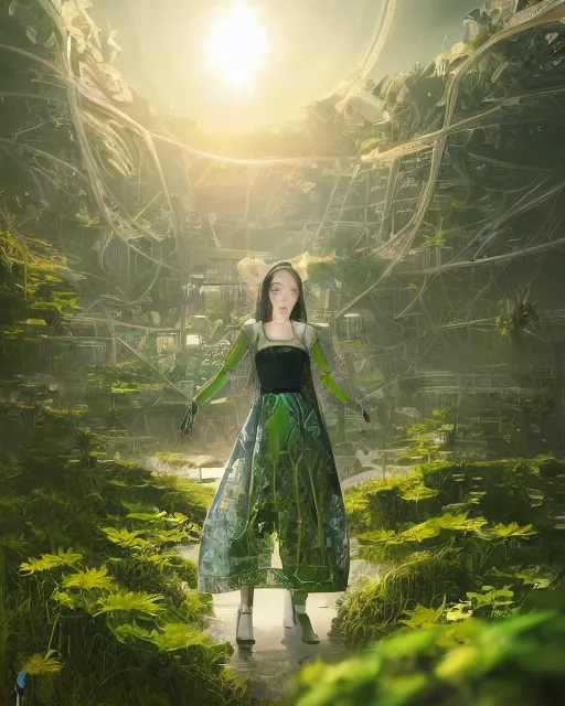 Image similar to beautiful solarpunk girl, scifi, futuristic, bright light, highly detailed, concept art, green plants, school, white building, flowers, utopia, sharp focus, trending on artstation, intricate, atmosphere, sunny, art by roman makarenko, dzung phung dinh