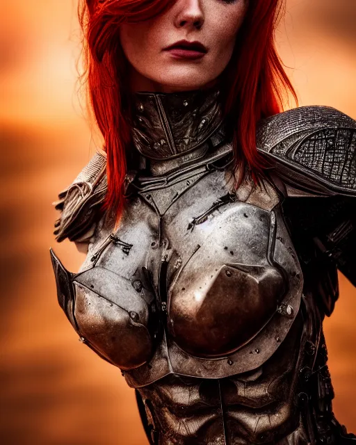 Prompt: 5 5 mm portrait photo of an armored redhead woman with a lizard sitting on her shoulder by luis royo. highly detailed 8 k. intricate. lifelike. soft light. nikon d 8 5 0. cinematic post - processing