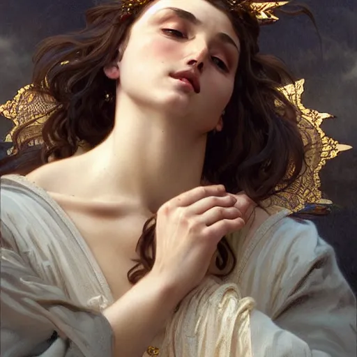 Image similar to jesus kissing a maria maddalena, intricate, elegant, highly detailed, digital painting, artstation, concept art, matte, sharp focus, illustration, art by artgerm and greg rutkowski and alphonse mucha