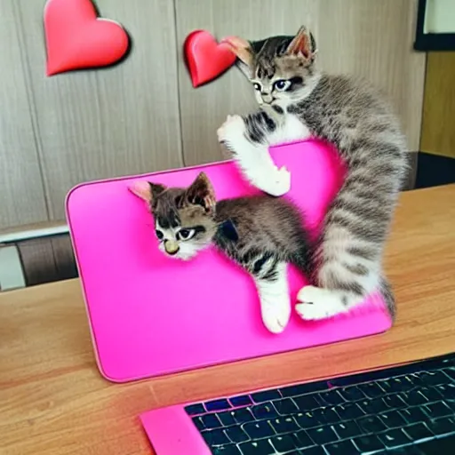 Image similar to cutest kittens in the world using a laptop with cute pink heart emojis floating in the air