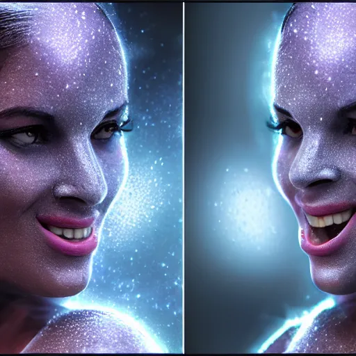 Image similar to full body pose, hyperrealistic photograph of the stardust in her smile, dim volumetric lighting, 8 k, octane beautifully detailed render, extremely hyper detailed, intricate, epic composition, cinematic lighting, masterpiece, trending on artstation, very very detailed, stunning, hdr, smooth, sharp focus, high resolution, award, winning photo, dslr, 5 0 mm