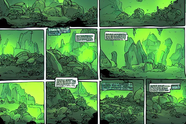 Image similar to glowing green rocks, toxic sludge, like where the hulk would live, landscape, comic book art style, pictures in sequence, storyboarding, speech bubbles, explosions