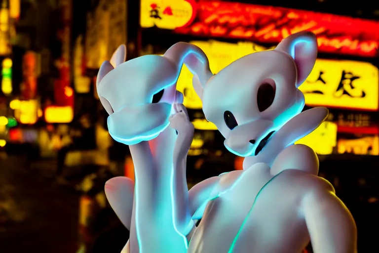 Image similar to closeup potrait of Mewtwo in Tokyo, neon light, sharp, detailed face, magazine, press, photo, Steve McCurry, David Lazar, Canon, Nikon, focus