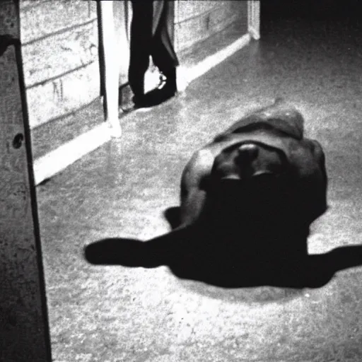 Image similar to creepy backrooms, creepy creature devouring the man on the floor, horror photo, photo from cctv footage, black and white