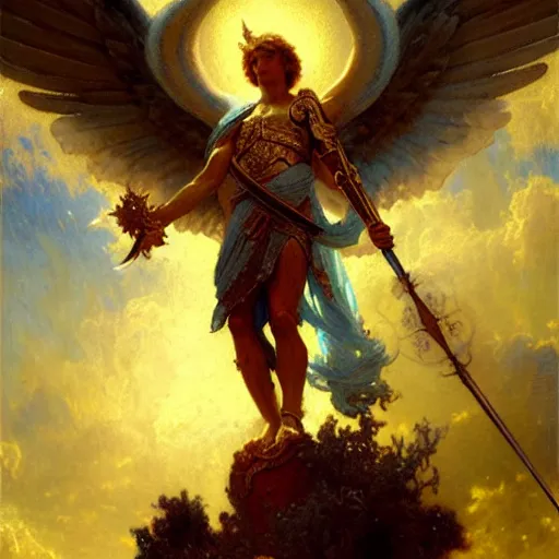 Image similar to saint michael the angel, guarding the world from evil. highly detailed painting by gaston bussiere, greg rutkowski 8 k