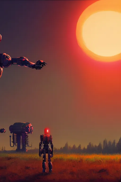 Prompt: Humans waving, cyborg in the far distance, the end, ultra hd, Painting By Simon Stalenhag, unreal 5, DAZ, sunset, hyperrealistic, octane render, dynamic lighting, intricate detail, summer vibrancy, cinematic