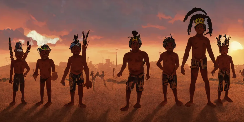 Image similar to a film still for African favela, four kids wearing African war paint tribal masks stand ready for battle, medium shot, waist up, studio Ghibli, Pixar and Disney animation, sharp, Rendered in Unreal Engine 5, anime key art by Greg Rutkowski, Bloom, heavy dramatic sunset lighting