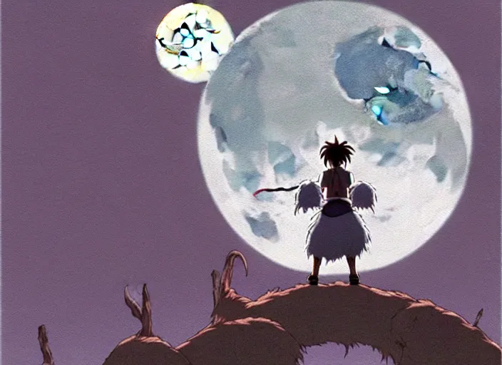 Image similar to a still from a studio ghibli movie of a cartoon half goat half man from princess mononoke ( 1 9 9 7 ), in front of a pale full moon, full body, wide shot, very dull muted colors, studio ghibli, highly detailed, deviantart, art by artgem