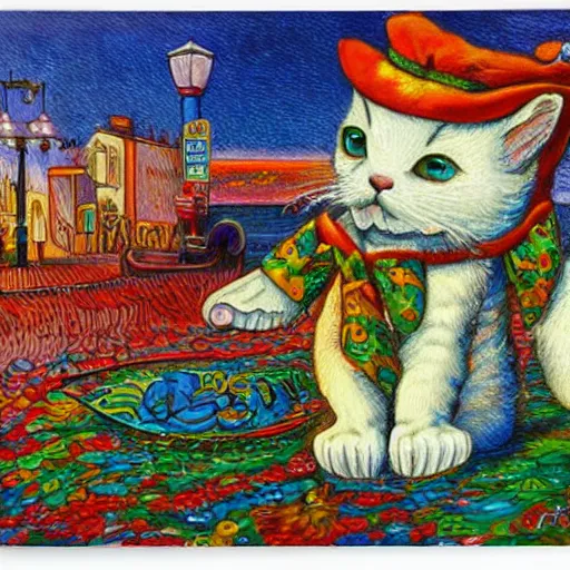 Prompt: a small sad white kitten at fisherman's wharf in San Francisco, fantasy illustration, Louis William Wain