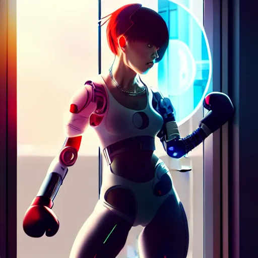 Image similar to beautiful cyborg - girl punching through a large reflective shattering window, window reflections, reflective, mirror reflection, refractions on lens, full round face, biomechanical details, cyberpunk anime art, full body shot, lens flare, wlop, ilya kuvshinov, artgerm, krenz cushart, greg rutkowski