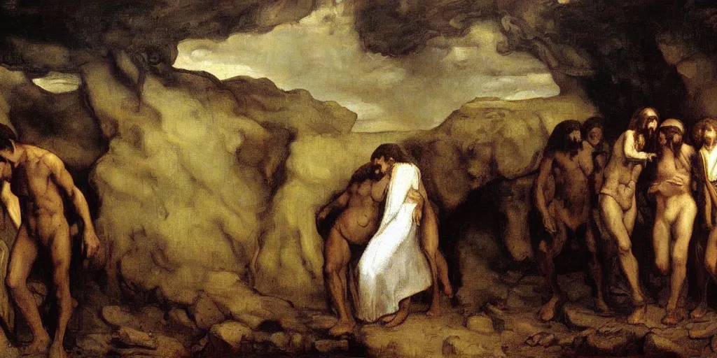 Image similar to Jesus Christ, walking through hell, a fantasy digital Painting, by Gustave Courbet