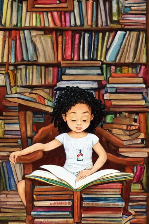 Prompt: a little girl sits cross legged on top of a tall pile of books. she is reading. clean elegant pretty cartoon painting, beautiful detailed face.
