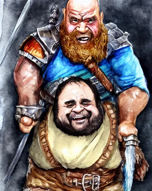 Prompt: Danny DeVito as a dwarf barbarian, water color, Dungeons and Dragons, Wizards of the Coast