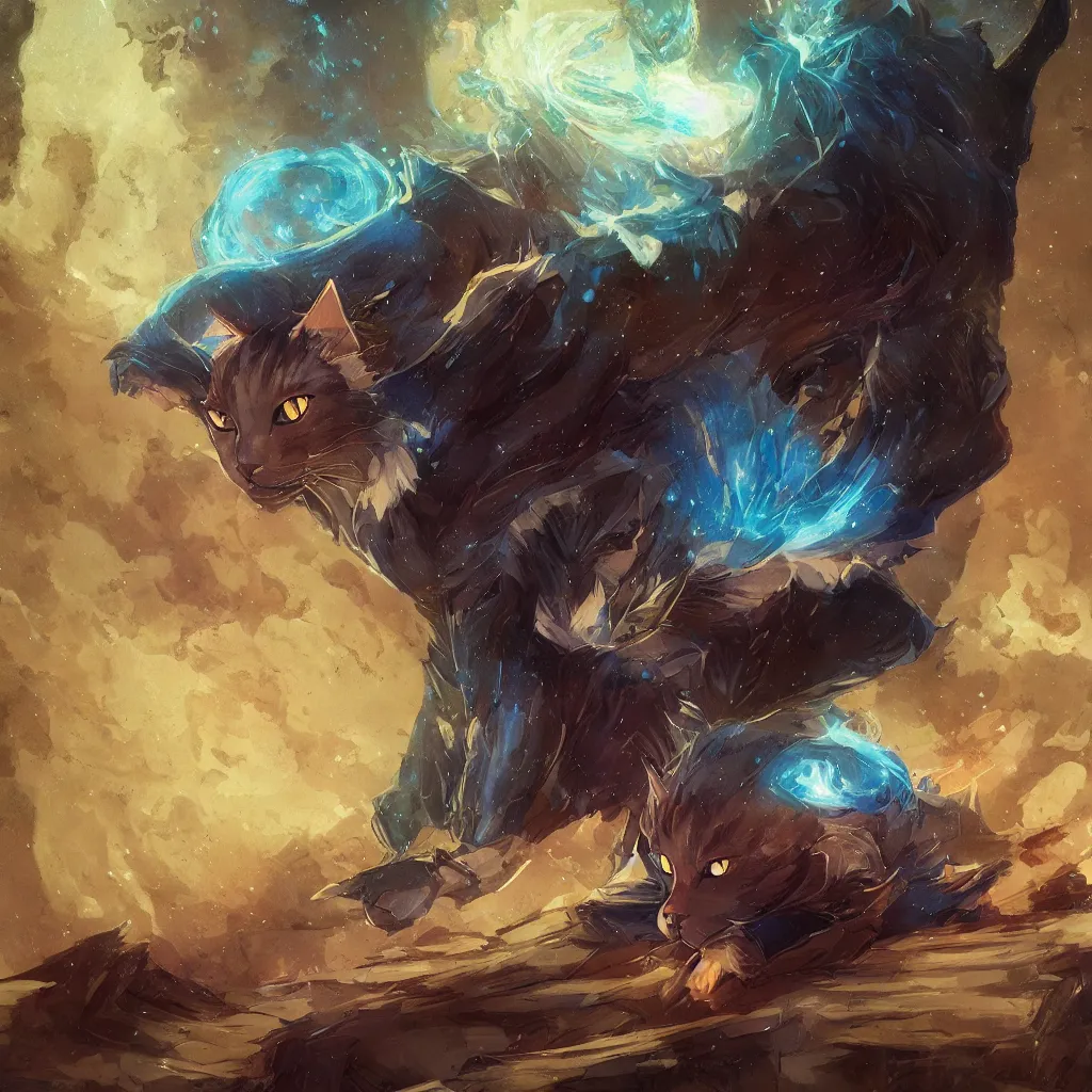 Image similar to anime cat with cloak laying on a magical wood carved chair, super powers, glowing tiny blue lines, concept art, by greg rutkowski, overdetailed art