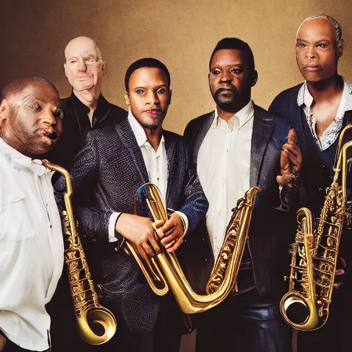 Prompt: photo of a great soul music band with five white musicians holding brass instruments, realistic pictures, intricate details, portrait, vogue, sharp focus, pullitzer, award winning photograph of the year, canon eos 5 d mark iv,