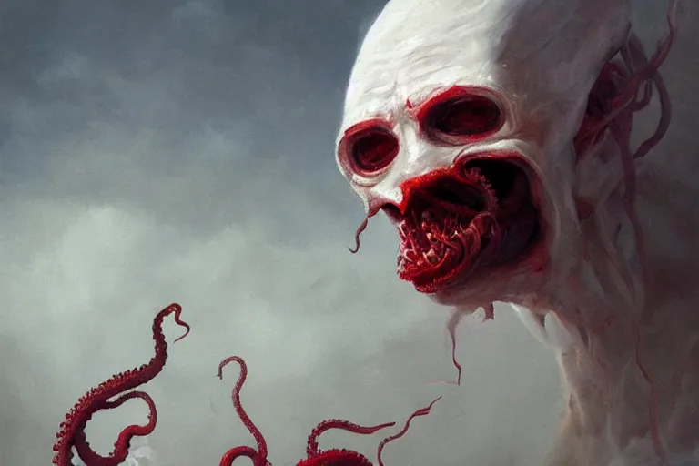 Image similar to painting by greg rutkowski of a flying human head and face that is chalk white in color, with tentacles coming of the neck, red eyes, flying in a terrying hell like cavernous place