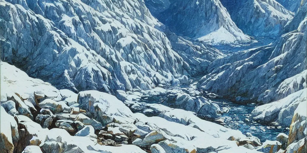 Image similar to beautiful!!!!!!!!!!!! idyllic poster illustration for a craggy ice snow valley canyon national park by ludwig hohlwein, ludwig hohlwein!!!!!!!!!!