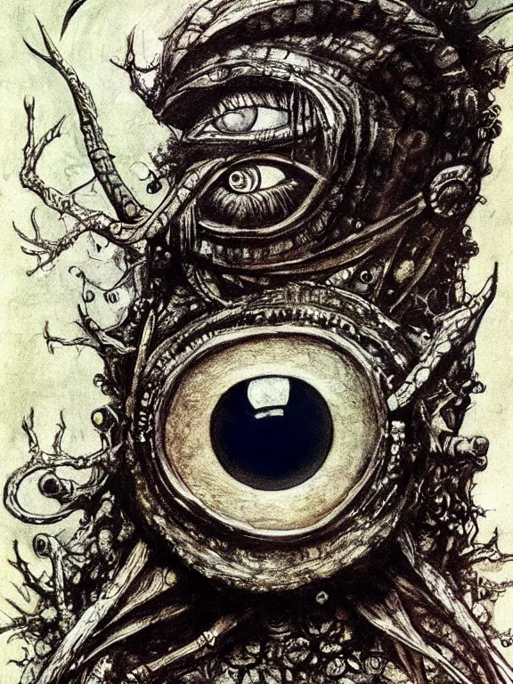 Prompt: one-eyed single-eyed 1-eyed fantasy Greek Cyclops concept art with one huge eye. Extremely high detail, details, realistic, fantasy art, solo, masterpiece, portrait painting, saturated colors, art by Arthur Rackham, Muzinabu