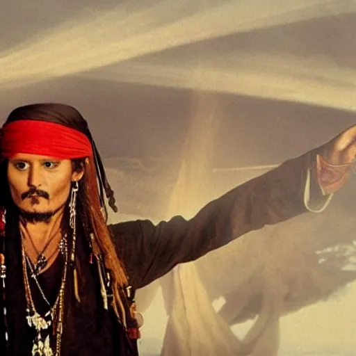 Image similar to jhonny Depp as an Arab pirate sailing the seven seas, God rays