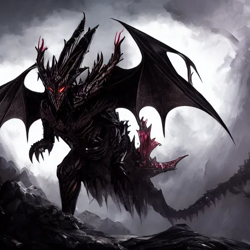 Image similar to dark fantasy concept of a vampire dragon god, with dark matter and molten armor on a mountain, cinematic, dynamic lighting, photorealistic, ultra detailed, trending on art station, stunning visuals, creative, hyper detailed