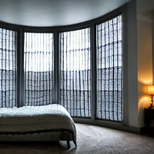 Image similar to very wide angle photograph of a cozy bedroom with a huge window designed by hr giger