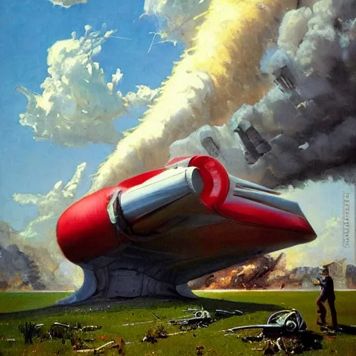 Image similar to a swiss spaceship stuck in the ground, the spaceship is on fire, smoke, rainstorm, lightning, angry, kinetic, john sargent, adolphe bouguereaum, norman rockwell, style by peter deligdisch, trending on artstation, highly detailed oil painting,