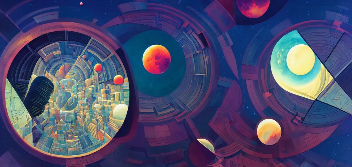 Prompt: post - minimalism comic abstract cubism portrait of concentric city, top down extraterrestial view, jupiter moon mars, iridescent orbs, vibrant color scheme, highly detailed, in the style of romanticism, cinematic, artstation, moebius, greg rutkowski