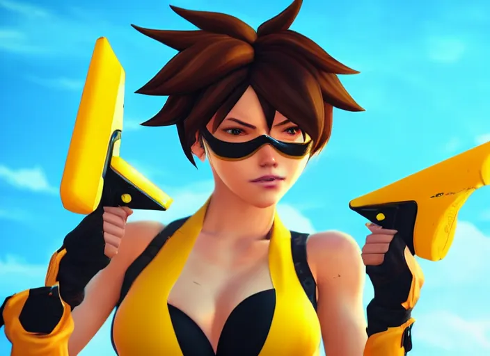 prompthunt: tracer game character, in yellow bikini, blonde hair