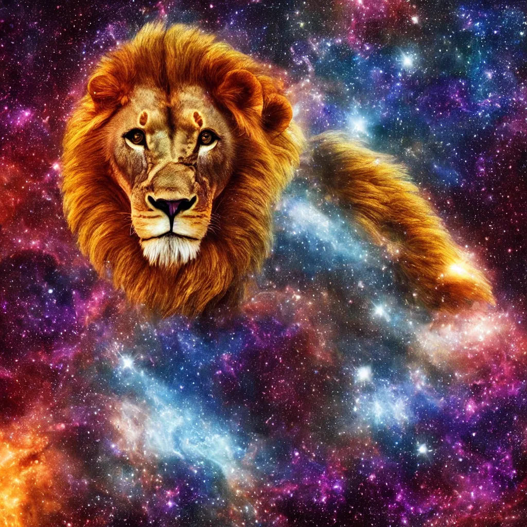 Prompt: lion in a galaxy made of stars, space, nebulas stars