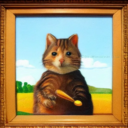 Image similar to detailing portrait oil painting of cat and quokka in the style of grant wood, perfect lighting