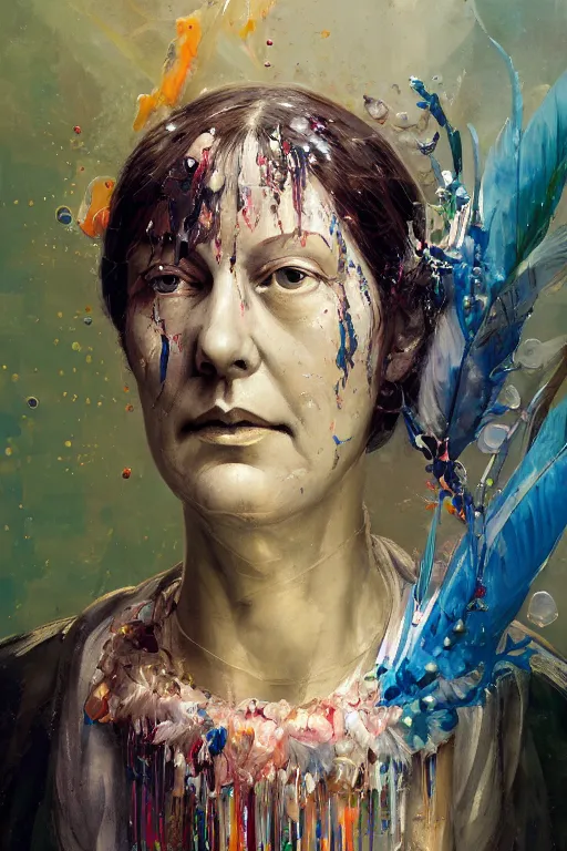 Prompt: close - up portrait of florence nightingale by h hering with intricate detailed color smashing fluid oil paint and acrylic, color feathers, melting wax, lamp oil, abstract impressionism, ruan jia, fantasy, hyper detailed, concept art, by peter mohrbacher and makoto shinkai takashi takeuchi,