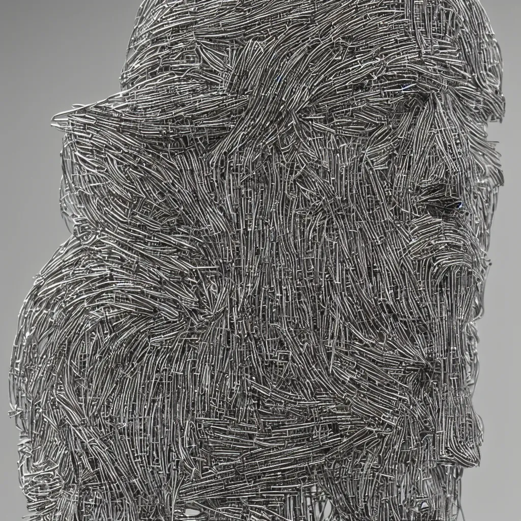 Prompt: sculpture of a head made from stainless steel staples, high concept, photorealistic, high resolution, dramatic lighting, modern art, 3 5 mm